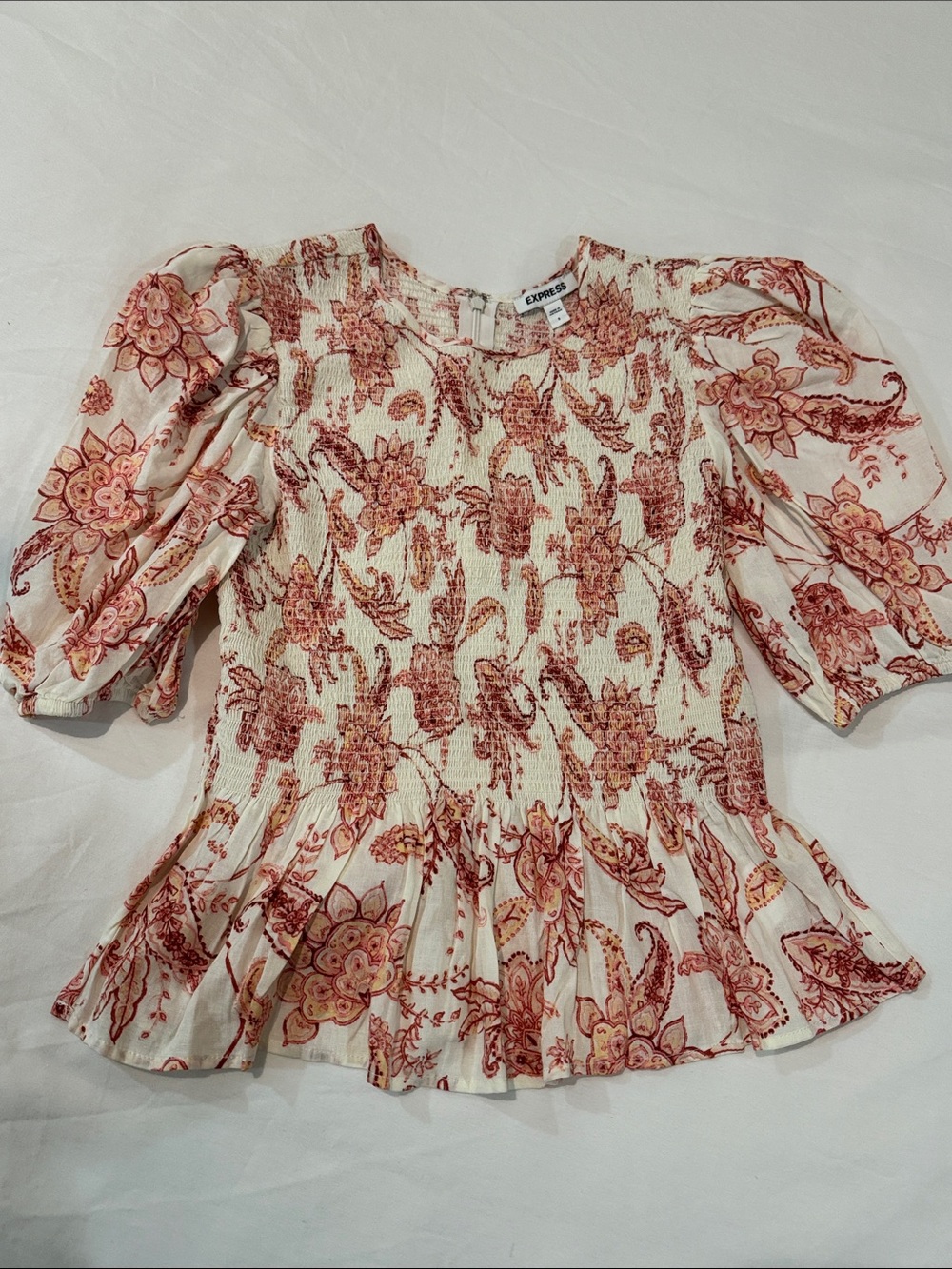 Express Cream Peplum Blouse with Rust-Pink Floral Print